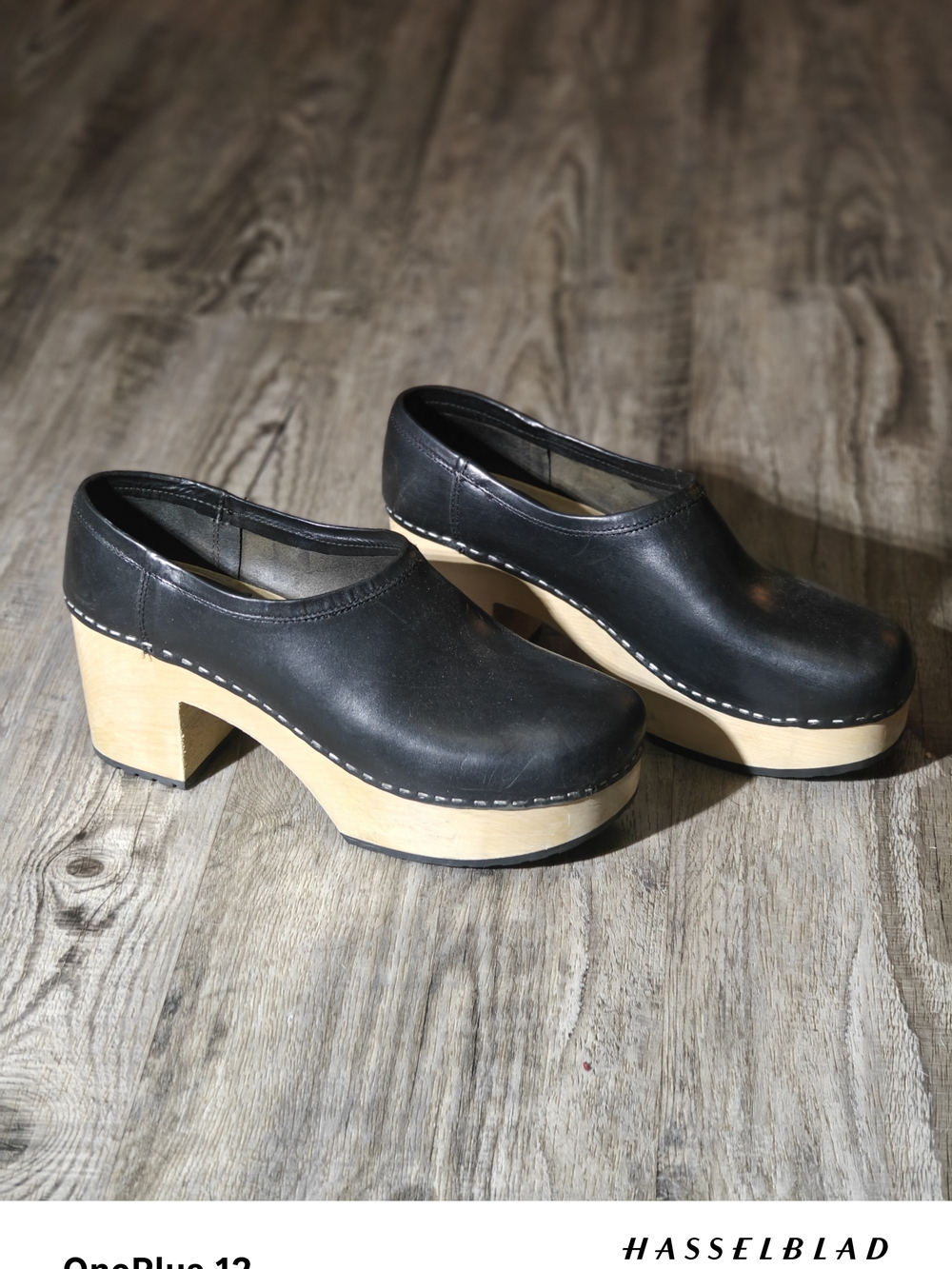Swedish Hasbeens Black Leather Clog Heels with Natural Wood Sole